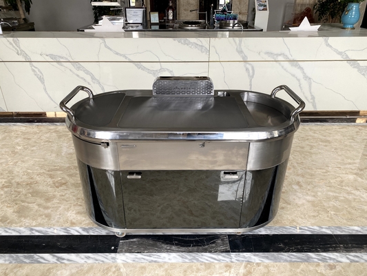 Electromagnetic Mobile Teppanyaki Grill Table Stainless Steel Smoke Down Exhaust